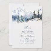 Rustieke Waterverf Snow Mountain Pine Bomen Bruilo Save The Date (Voorkant)