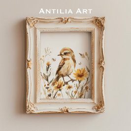 Rustieke Waterverf Sparrow Bird Painting Wildflowe Poster