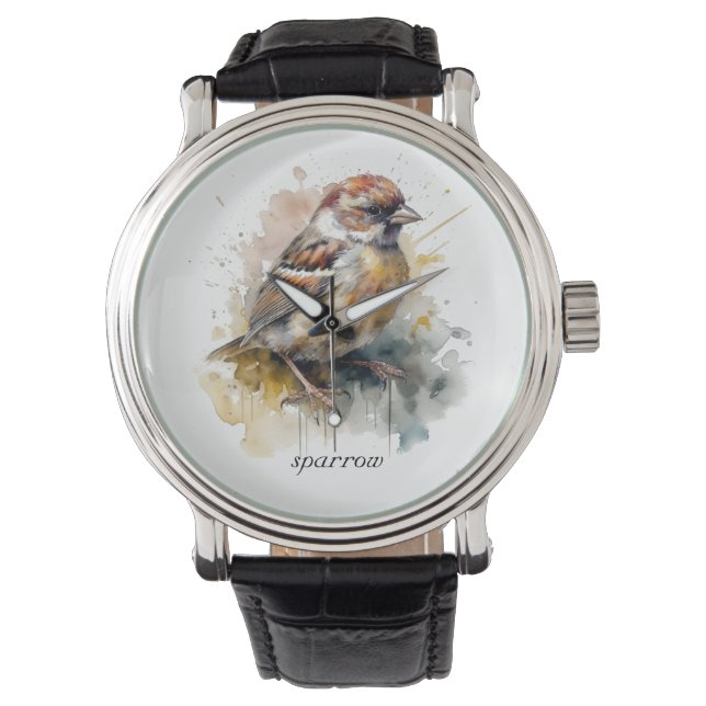 Rustieke Waterverf Sparrow, op maat Horloge (Voorkant)
