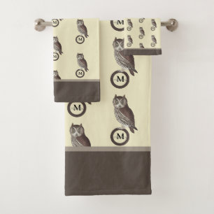 Rustieke Waterverf Uil Monogram Naam Ivoor Cream Bad Handdoek