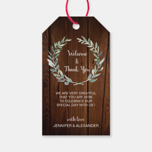 Rustieke waterverf verlaat houten bruiloft Welkom Cadeaulabel (Voorkant)