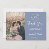 Rustieke waterverf verlaat monogram foto bruiloft bedankkaart (Voorkant)
