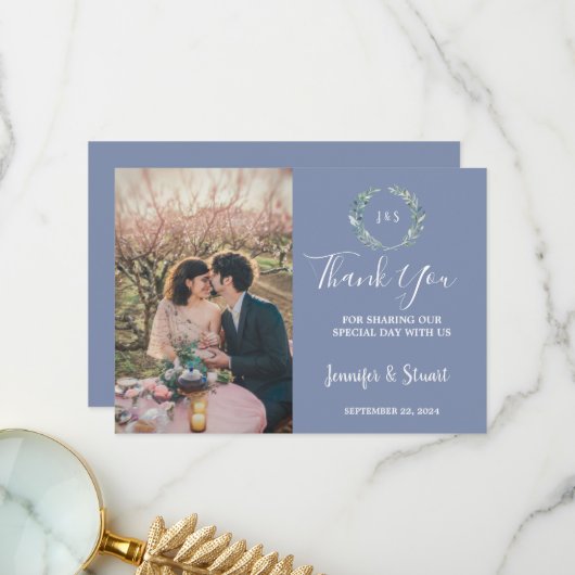 Rustieke waterverf verlaat monogram foto bruiloft bedankkaart (Voorkant / Achterkant in situ)