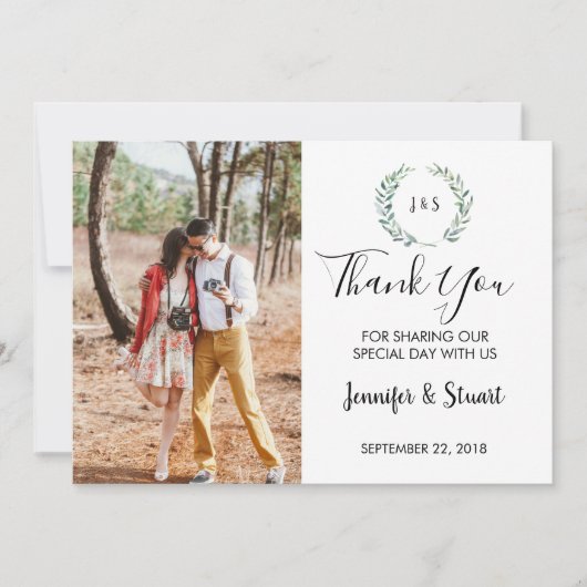 Rustieke waterverf verlaat monogram foto bruiloft bedankkaart (Voorkant)