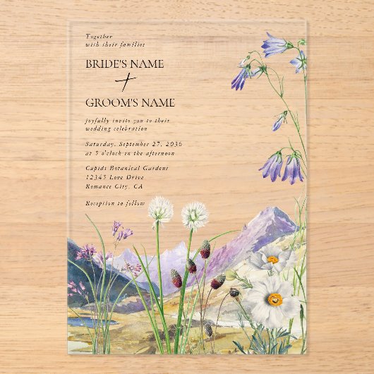 Rustieke Waterverf Wildflower Mountain bruiloft Acryl Uitnodigingen (Voorkant)
