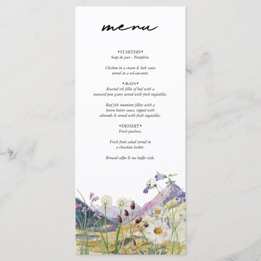 Rustieke Waterverf Wildflower Mountain bruiloft Menu (Voorkant)