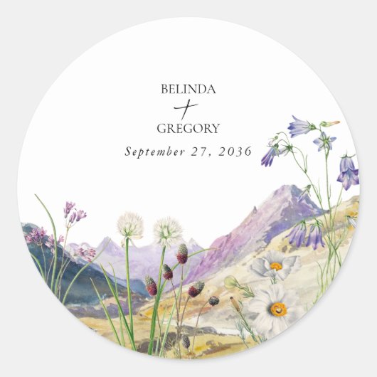 Rustieke Waterverf Wildflower Mountain bruiloft Ronde Sticker (Voorkant)