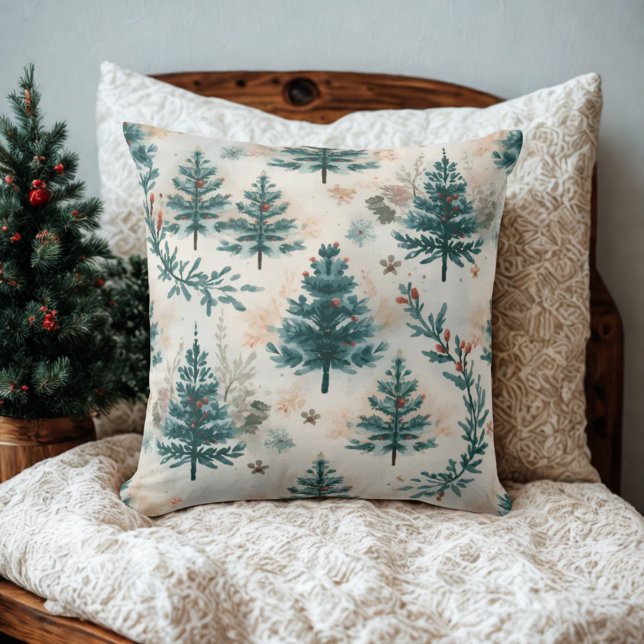  rustieke Waterverf Winter Pine Tree Pattern Kussen (Vintage winter holiday pine tree pattern throw pillow)