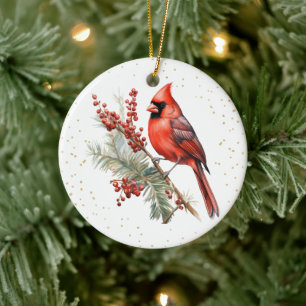 Rustieke Waterverf Winterkardinaal Holly Branch Keramisch Ornament
