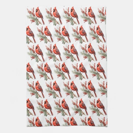 Rustieke Waterverf Winterkardinaal Holly Branch Theedoek (Verticaal)