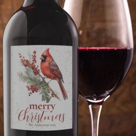 Rustieke Waterverf Winterkardinaal Holly Branch Wijn Etiket