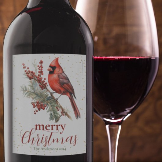 Rustieke Waterverf Winterkardinaal Holly Branch Wijn Etiket