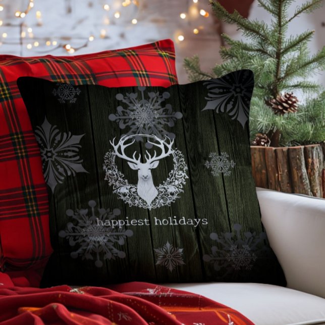 Rustieke Waterverf Witte Rendieren | Green Kussen (Green Rustic Watercolor White Reindeer Throw Pillow)