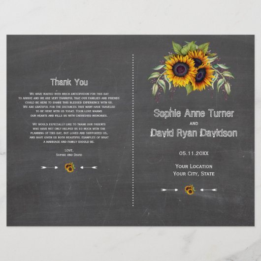 Rustieke waterverf zonnebloemen krijt trouwprogram flyer (Voorkant)