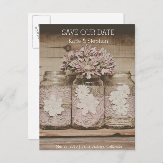 Rustieke Wedding Lace Jars SAVE THE DATE Briefkaar Aankondigingskaart (Voorkant / Achterkant)