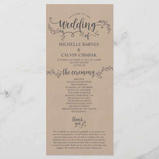 Rustieke Wedding programma kaart in kraft achtergr (Voorkant)