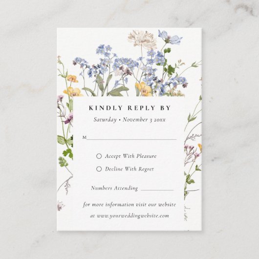 Rustieke weide bloemenkrans bruiloft Mini RSVP Informatiekaartje (Voorkant)