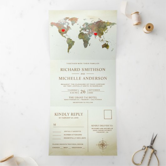 rustieke Wereldkaart Alles in een bruiloft Drieluik Uitnodiging (Binnen)