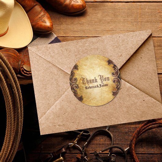 Rustieke western land bruiloft dank u ronde sticker