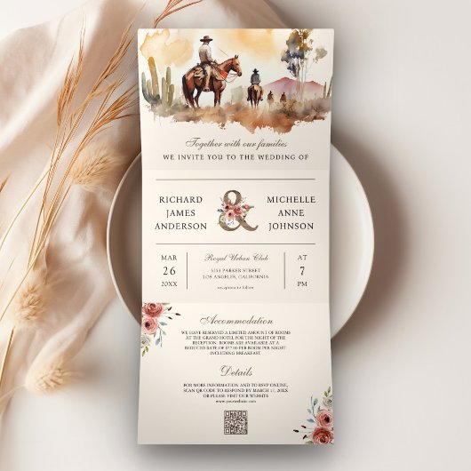 Rustieke Westerne Cowboy Alles in een QR-code brui Drieluik Uitnodiging