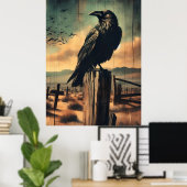 Rustieke Westerne Gotische Raven in Desert Graveya Poster (Thuiskantoor)