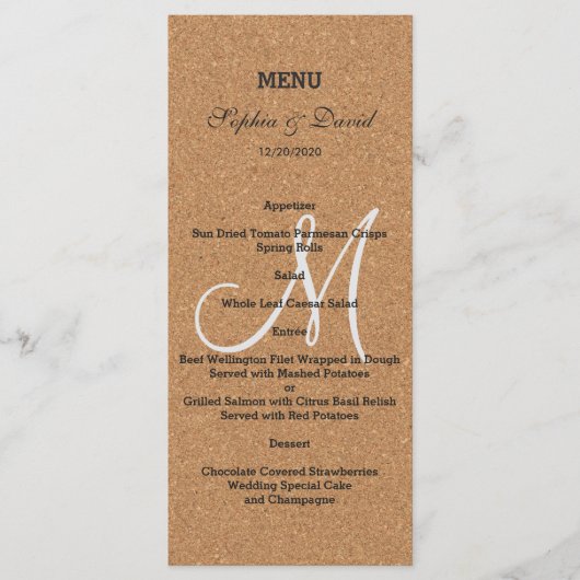 Rustieke wijnkurk trouwmenu met monogram menu (Voorkant)