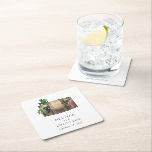 Rustieke wijnvat wijnmakerij wijngaard bruiloft vierkante kartonnen onderzetter