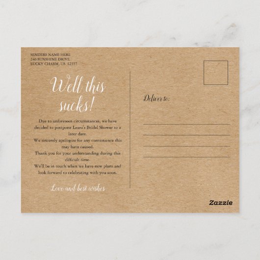 Rustieke wijziging van plannen uitgestelde eveneme briefkaart (Achterkant)