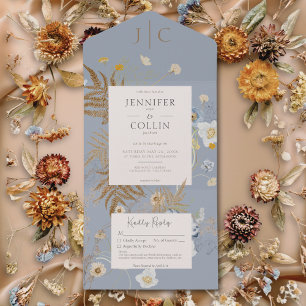 Rustieke Wildbloemen Monogram Stoffig Blauw Geen D All In One Uitnodiging