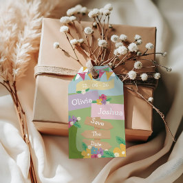 Rustieke wilde bloem met vlaggetjes Save The Date Cadeaulabel