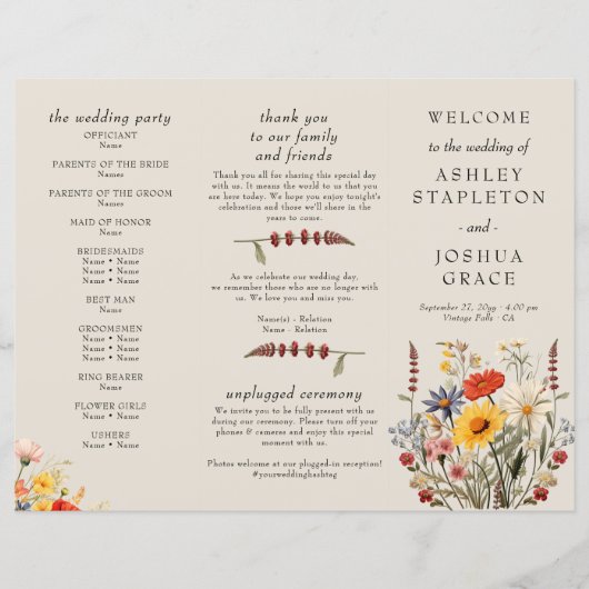 Rustieke Wildflower bruiloft ceremonie programma (Voorkant)