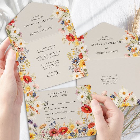 Rustieke Wildflower Elegante Bloemen Bruiloft en R All In One Uitnodiging