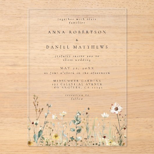 Rustieke Wildflower Meadow Wedding Acryl Uitnodigingen (Voorkant)
