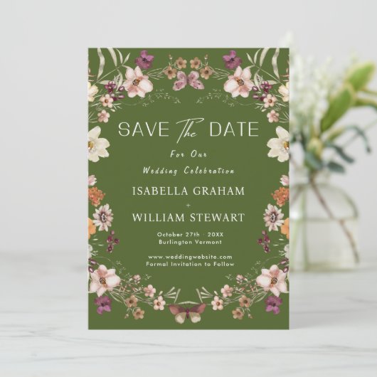 Rustieke Wildflower Moss Green Boho Save The Date Kaart (Staand voorkant)