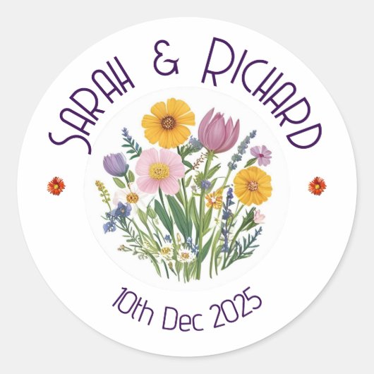 Rustieke Wildflower Spring Wedding, Romantische tu Ronde Sticker (Voorkant)