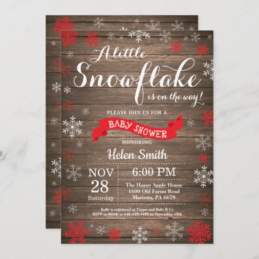 Rustieke Winter Baby shower Rood Wit Sneeuwvlok Kaart (Voorkant / Achterkant)