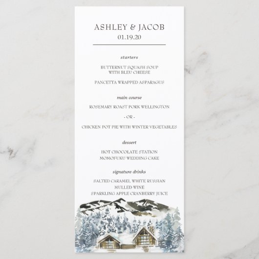 Rustieke Winter Berg Bruiloft Menu (Voorkant)