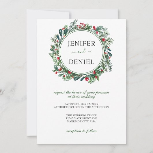 Rustieke Winter Berry Pine Greenery bruiloft Kaart (Voorkant)