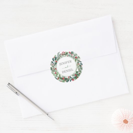 Rustieke Winter Berry Pine Greenery bruiloft Ronde Sticker (Envelop)