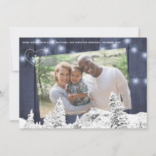 Rustieke winter blauwe schuur hout twinkle verlich feestdagenkaart