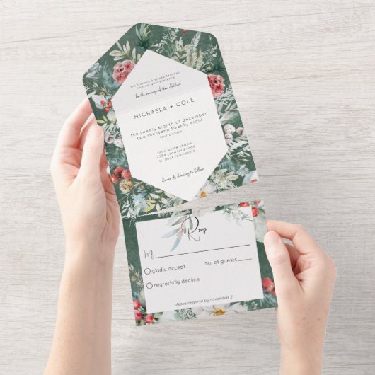 Rustieke winter bloemendennen smaragd geen diner all in one uitnodiging (Afscheurbaar)