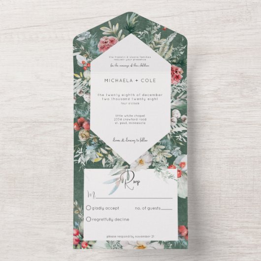 Rustieke winter bloemendennen smaragd geen diner all in one uitnodiging (Binnen)