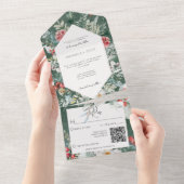Rustieke winter bloemendennen smaragd QR code All In One Uitnodiging (Afscheurbaar)