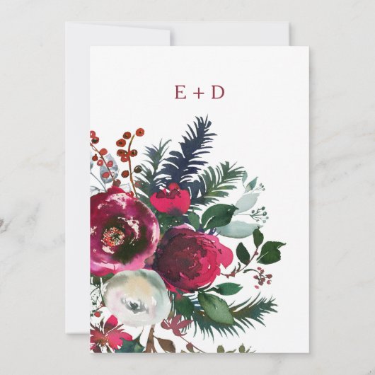 Rustieke winter bordeaux bloemenkrans bruiloft kaart (Achterkant)