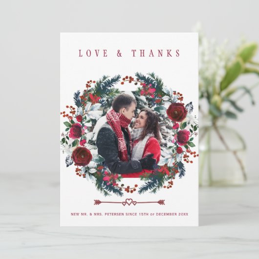 Rustieke Winter Bourgondische Rozen bruiloft dank Bedankkaart