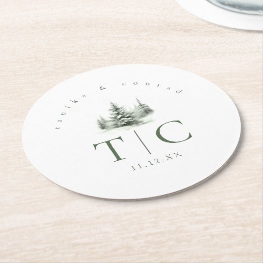 Rustieke Winter Bruiloft Bos Groene ID1049 Ronde Kartonnen Onderzetter (Gebogen)