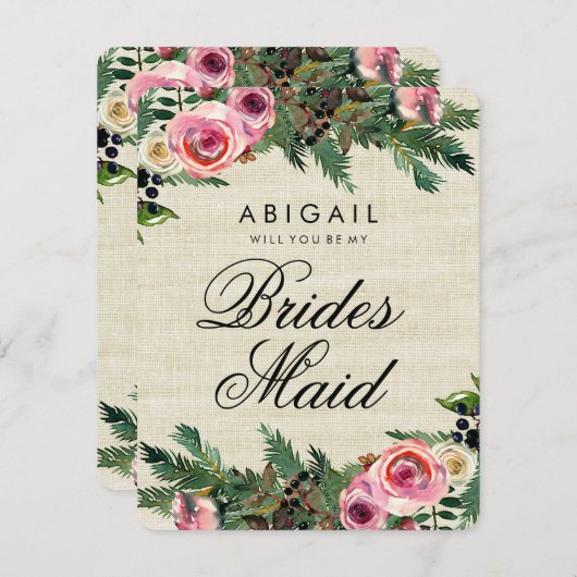 Rustieke winter burlap Pine zal je bruidsmeisje zi Kaart (Voorkant / Achterkant)