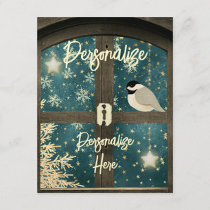 Rustieke winter cabine raam ster sneeuwvlok vogel informatiekaartje
