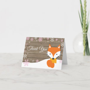 Rustieke Winter Fox Snowflake Roze Dank u kaart