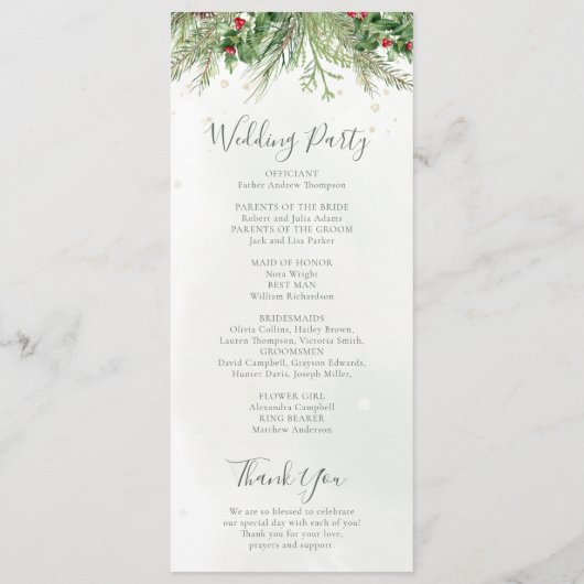 Rustieke winter groen bessen dennenappel bruiloft programma (Achterkant)